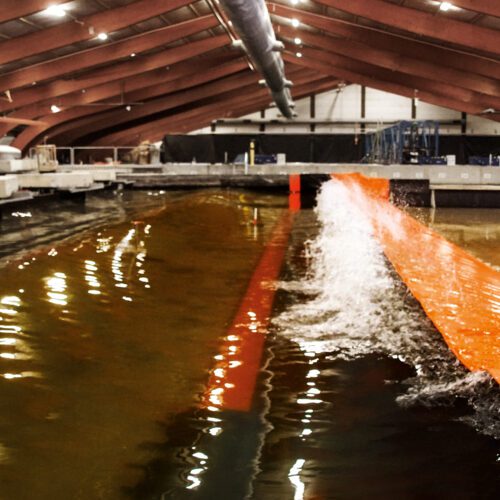 Temporary flood barriers in use