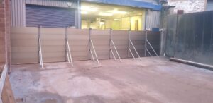 flood barriers protecting warehouse